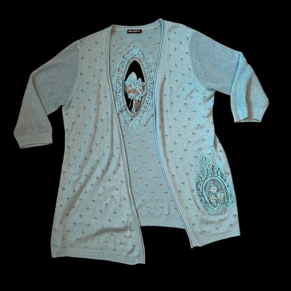 Vintage Lauren Michelle Open Front Eyelet Embroidered Mesh Cardigan